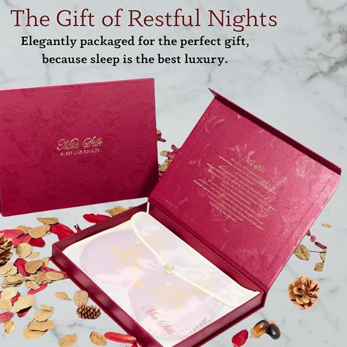 Silk Sleep Mask Blindfold Eye Mask for Sleep Cute Cat Print Embroidered Eye Cover Adjustable Oversized Egyptian Bastet with Gift Box&Pouch（Sekhmet Mauve-Elastic Strap）