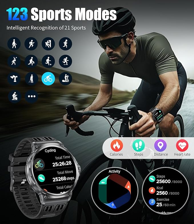 SUNKTA Military Smart Watch for Men,1.85" HD/800mAh Battery Smart Watches for Android iOS (Bluetooth Call Answer/Calls) Fitness Tracker with Heart Rate/Sleep Tracking/Blood Oxygen