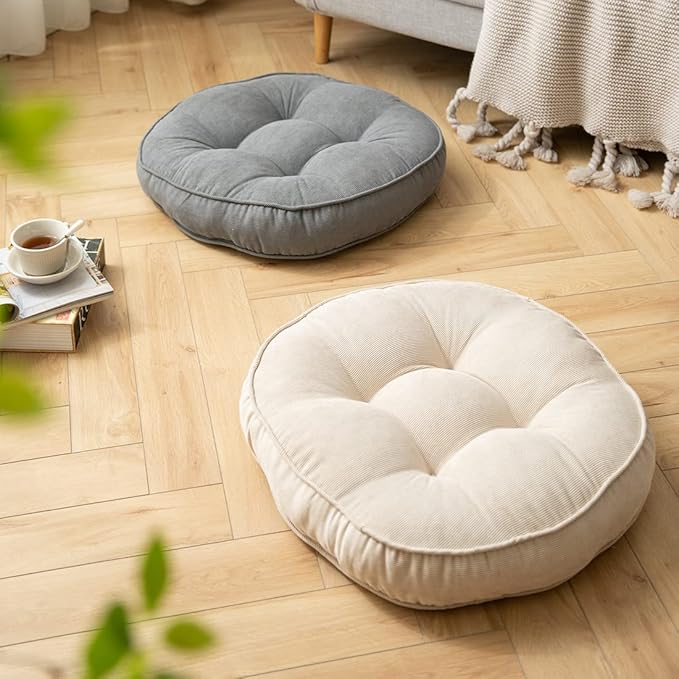 Corduroy Chair Pads Seat Cushion Soft Thicken Bedroom Living Room Floor Tatami Cushion Round Seat Pad for Kids Reading Adult Office,1 Count (Ivory,22"x22")