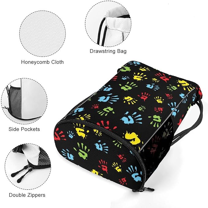 Hand Print Drawstring Backpack Gym Bag With Shoe Compartment String Bag Sport Beach Swimming Sackpack For Women Men