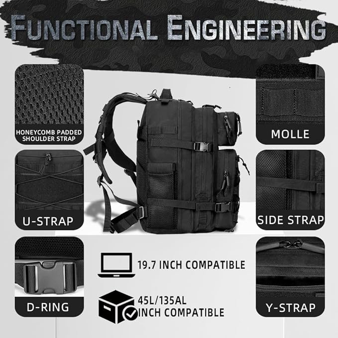 J.SH 45L Large Capacity 3-Day Tactical Backpack, Waterproof & Tear-Resistant, MOLLE System, Adjustable Straps (chest strap and waist strap), Hiking Backpack for Men & Women - Black