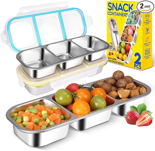 2Pack Stainless Steel Snack Containers for Kids Adults, Reusable 3 Compartment Snackle Box Container with Leakproof Lids Metal Bento Lunch Boxs Food Storage Containers for Travel Picnics Office School