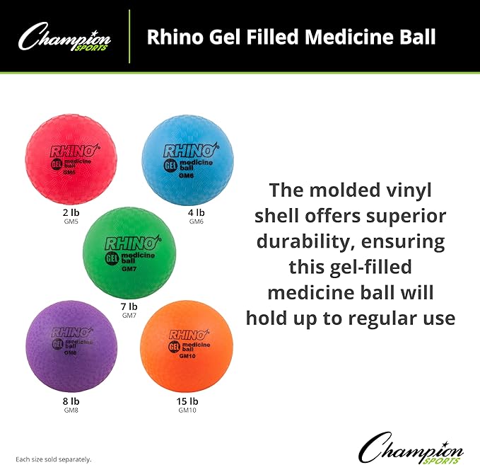 Champion Sports Rhino Gel Filled Medicine Ball – Durable, Soft Grip Weighted Ball for Strength, Cardio, & Rebounder Training – Multiple Weights for Home Gym & Fitness