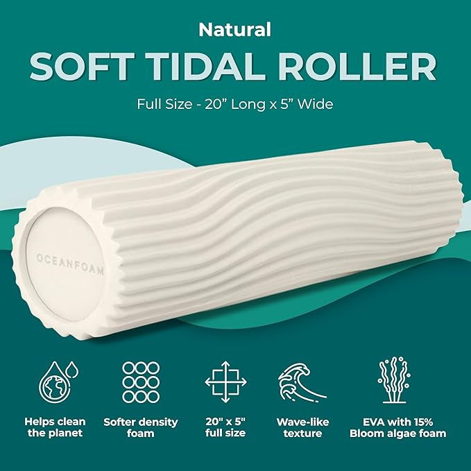 Oceanfoam Soft Tidal Roller (Natural) - Low Density Foam Roller for Physical Therapy, Back Pain, Exercise & Stretching - Wave Textured - Yoga, Athletics, & Wellness - Full Size, 20" x 5"