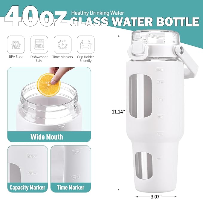 BLUEGO 40 oz Glass Water Bottle with Straw, Leakproof and Time Marker, Wide Mouth for Travel, Gym and Workout, White