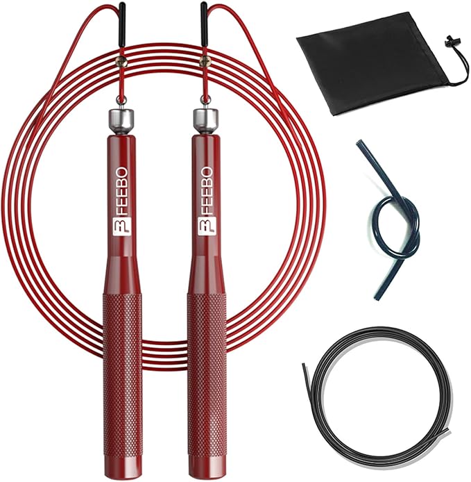 feebo High Speed Jump Rope with Double Ball Bearing, Adjustable Tangle-Free Jumping Rope with 2 Speed Rope & Aluminum Non-Slip Grip, Weighted Skipping Rope for Double Unders,Boxing, MMA, Fitness