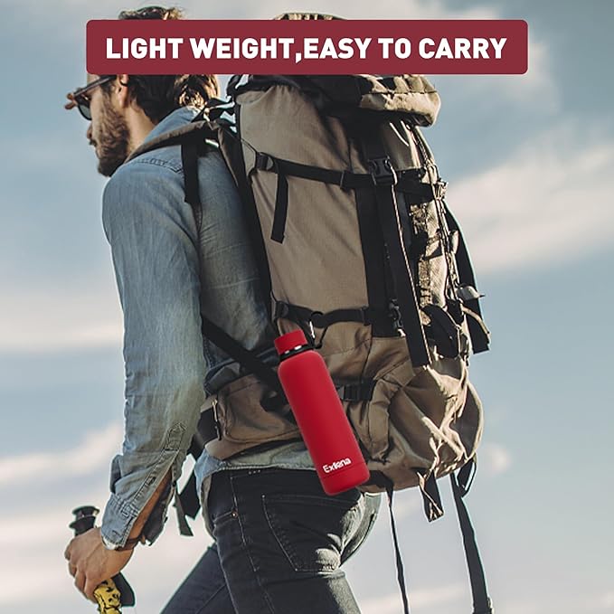 Slim Insulated Water Bottles for Travel 18oz with Clip, Double Wall Vacuum Stainless Steel Water Bottle Keeps Drinks Cold 24 Hrs/Hot 12 Hrs, 100% Leakproof, BPA Free（Red）