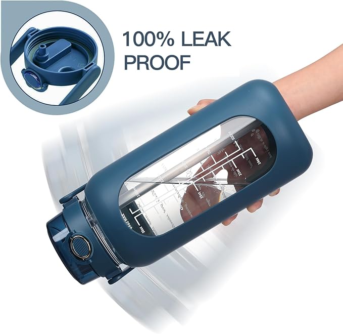 52oz Glass Water Bolttles with Straw Half Gallon Large Motivational Water Bottle