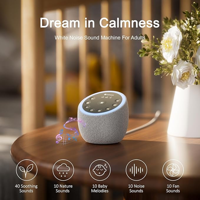 Hotmoon Sound Machine with 40 High-Fidelity Sounds, White Noise Sound Machine with Memory Functions, 8 Color Night Light, USB Power Supply, for Sleep & Noise Reduction Sleep Aid, Plug-in