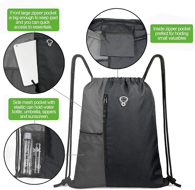 BeeGreem Grey Sport Bag Drawstring Backpack String Bag For Men Women Gym Backpack With Water Bottle Mesh Pockets And Two Zipper Pockets 16" x 20"