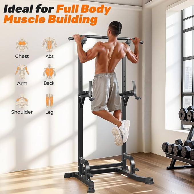 Sportsroyals Power Tower Pull Up Bar Station, 450LBS Stable Pull Up Dip Station for Home Gym Strength Training Equipment