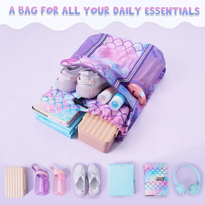 WAWSAM Kids Gym Drawstring Backpack String Bag, Mermaid Sports Gym Bag for Kids Girls Waterproof Swimming Beach String Cinch Backpack with Two Water Bottle Pocket