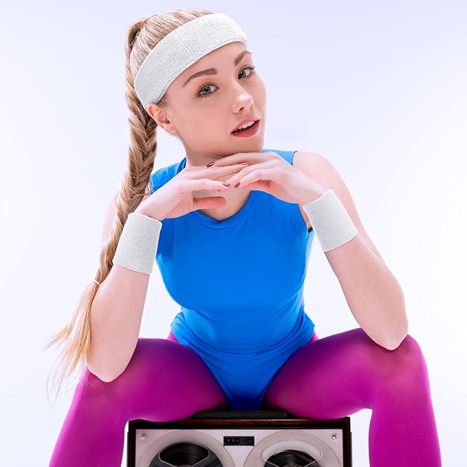 SATINIOR 8 Sets 80s Sweat Band and Wristband Sports Neon Headbands Exercise Sweatbands Gym Wristbands for Men Women Sports Activities(Black, White)