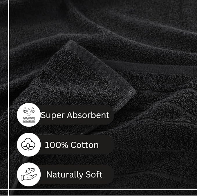 Casa Platino 100% Mercerized Cotton Luxury Bathroom Towels Set - 12 Piece - Ring Spun Technology - 4 Bath, 4 Washcloths, 4 Hand Towels - Remains Soft & Absorbent Even After Multiple Washes - Black