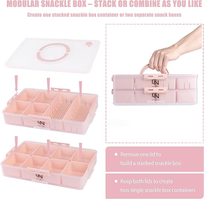 Stackable Snackle Box Container with 2 Lids - BPA-Free Snackle box Organizer, Dishwasher & Microwave Safe Reusable Snacklebox for Veggies, Fruits, Charcuterie, Snacks (Pink, 2 Pack)