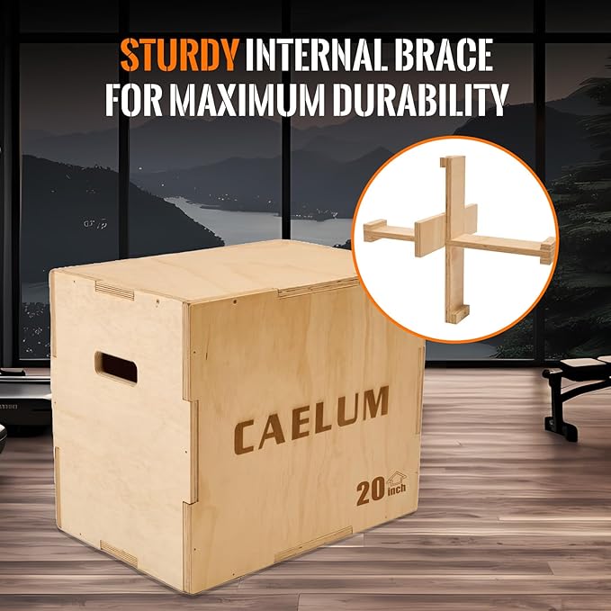 CAELUM 3-in-1 Wood Plyo Box - Non-Slip Plyometric Jump Box for Home & Gym, 400lbs Bearing Fitness Launch Box for Jumping Squats Step-ups Strength Training