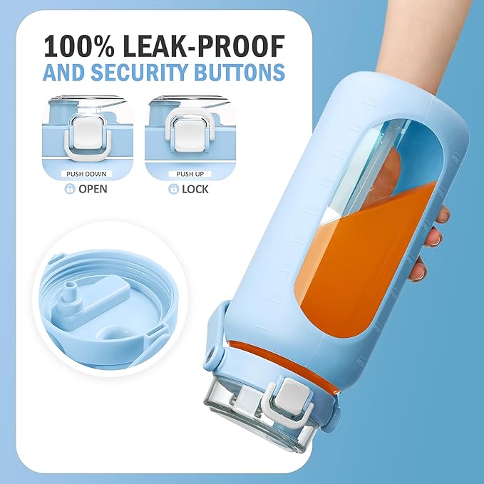 BLUEGO 64oz Glass Water Bottles with Straw Time Marker Half Gallon Large Motivational Water Bottle with Silicone Sleeve 2 Liter Large Glass Water Jug for Gym, Sports& Workout, Daily, Light Blue