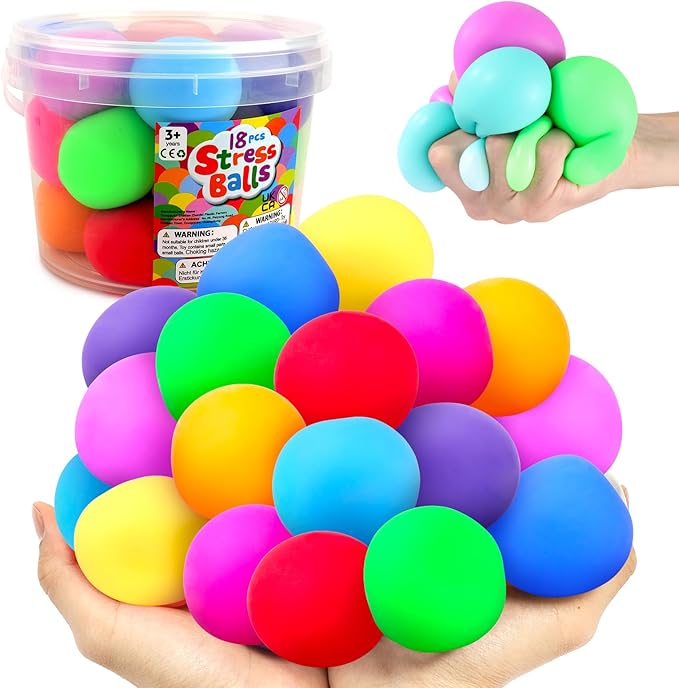 Squishy Stress Balls for Kids Adults: 18 Pack Stretchy Fidget Ball for Anxiety Stress Relief, Hand Therapy Sensory Squishy Ball, Party Favors classroom must haves, Fidgets for Classroom Prize Box Toys