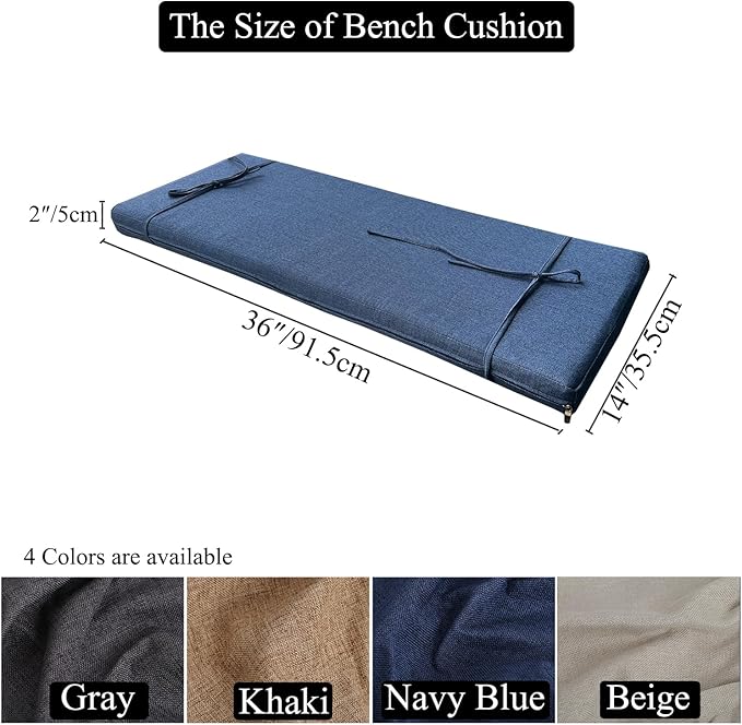 36 x 14 Inch Piano Bench Cushions for Indoor Furniture with Ties Non Slip Kitchen Dining Room Bench seat Cushion for Shoe Storage Ottoman Window Settee Pad, Gray