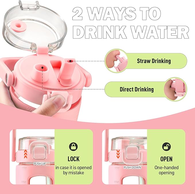 BLUEGO 32oz Glass Tumbler with Lid and Handle, Iced Coffee Cup with Straws, Glass Water Bottle with Silicone Sleeve and Volume, Marker Glass Cup with Time Marking, BPA Free, Pink