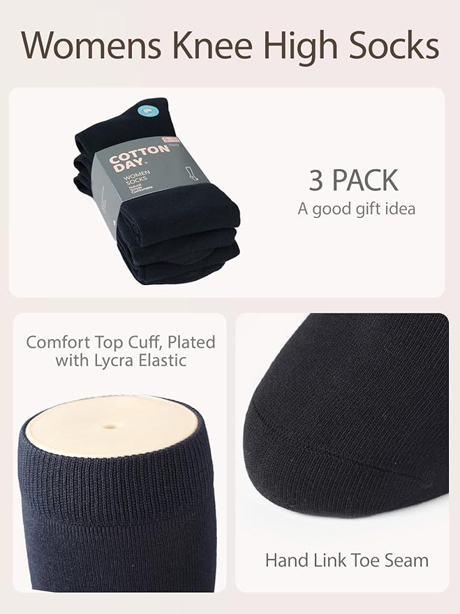 COTTON DAY Women's Soft Combed Cotton Knee High Long Calf Dress Socks Seamless Toe Black White Gray Navy Blue Brown