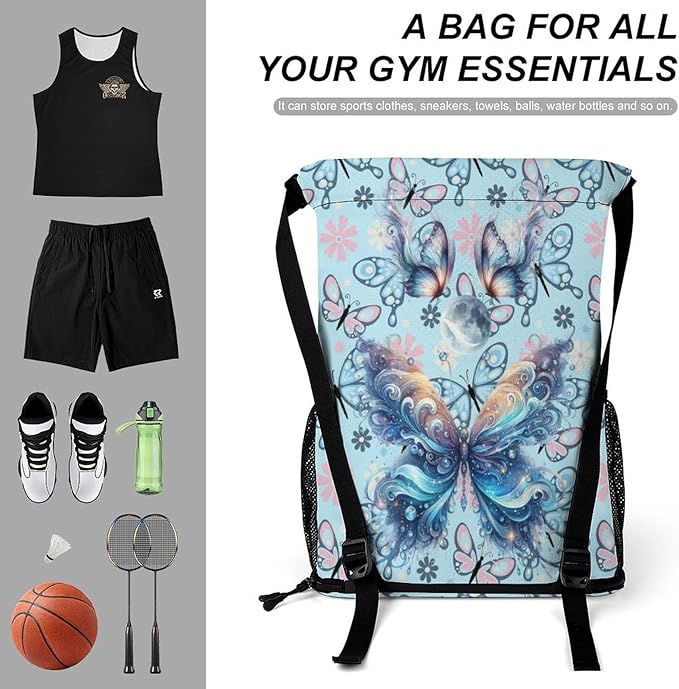 Butterfly Drawstring Backpack - Cute Cinch Sack, String Backpacks with Pocket for Kids Boys Girls Women Men for Gym Outdoor Sports Travel Athletic Drawstring Bag - Lightweight/Foldable