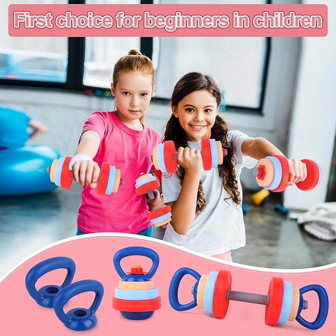 Kids Exercise Equipment With 2 Dumbbells and Kettlebell - Adjustable Workout Toy Equipment for Children Pretend Play Exercise - Toddler Beginner Gym & Fitness Family Games for Birthday Gifts