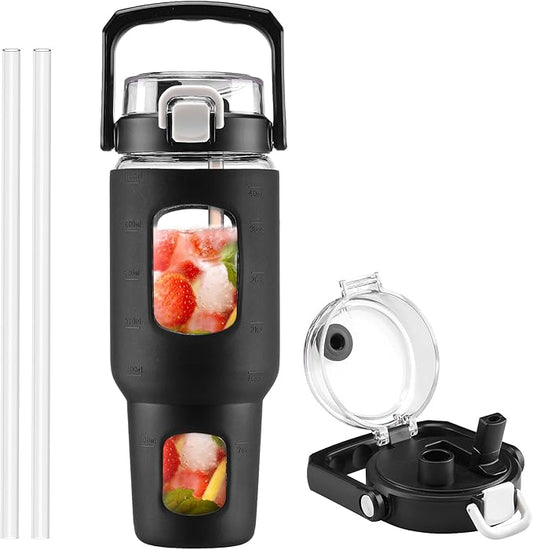 BLUEGO 40 oz Glass Water Bottle with Straw, Leakproof Glass Drinking Bottle with Time Marker and Silicone Sleeve, Wide Mouth Water Bottle for Travel, Gym, Workout, Black