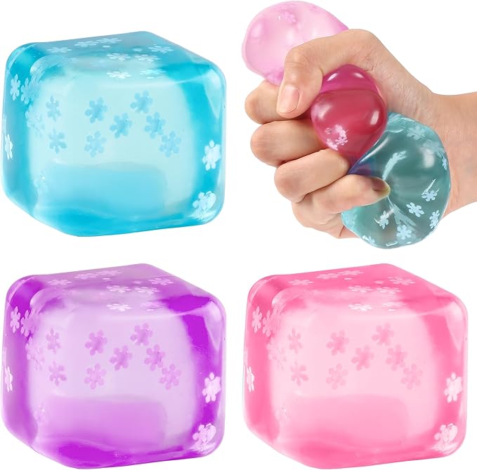 Jongdari Ice Cube Squishy Stress Cubes Balls Fidget Toys with Snowflakes Inside, Slow Rise Anxiety Relief Sensory Squeeze Toy Birthday Gifts Party Favors for Kids & Adults - 3pcs, Medium Size