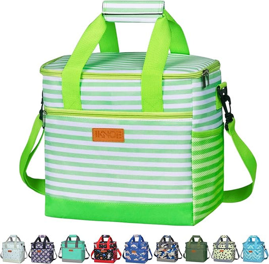 iknoe Large Cooler Bag Collapsible, 15L Insulated Bags, Leakproof Lunch Cooler Tote with Multi-Pockets for Adult, Insulated Lunch Box for Beach, Picnic,Work, Green Stripe 24-Can
