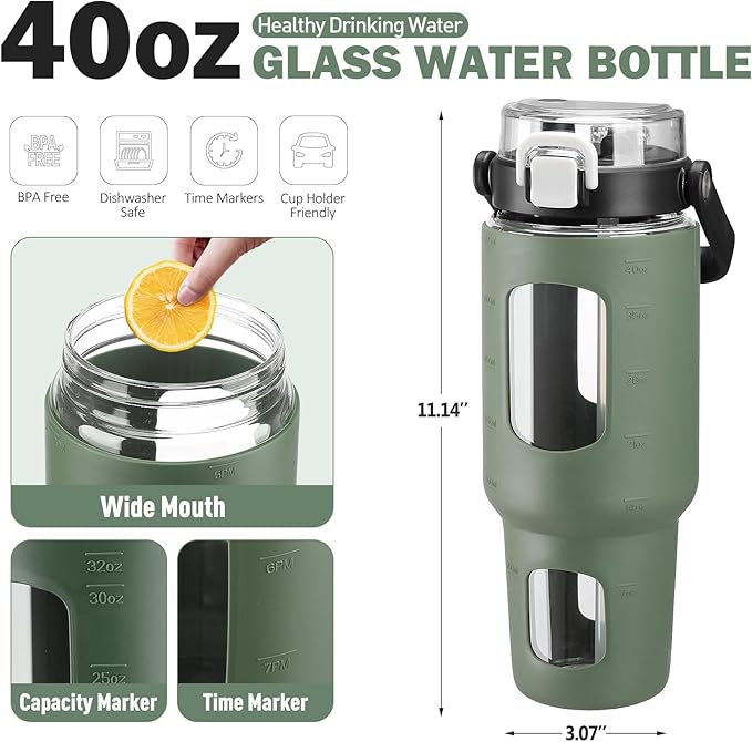 BLUEGO 40 oz Glass Water Bottles with Straw Time Marker, Glass Tumbler with Handle Top Lids, Easy to Clean, Fits in Car Cup Holder, Leakproof Jug for Gym, Sports, Workout & Daily, Olive