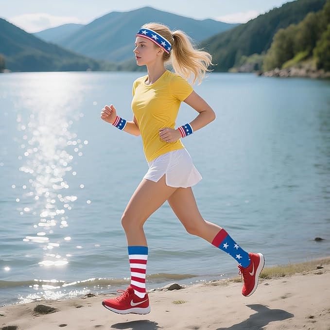 ONUPGO 5 Pieces Sweatbands Striped Socks Set Sports Headband Wristbands High Tube Socks 80s Accessories Costumes