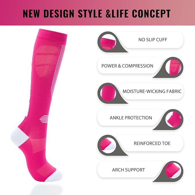 fenglaoda Compression Socks Women Men 6 Pairs, Knee High Best Support Circulation Socks for Running, Travel, Flight, Nurse