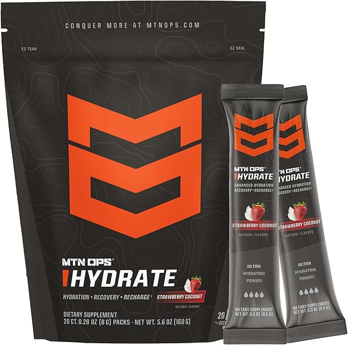 MTN OPS Hydrate Electrolytes Powder Drink Mix, 20 Single Serving On-The-Go Electrolyte Packs with Over 1000mg of Electrolytes per Serving, Strawberry Coconut