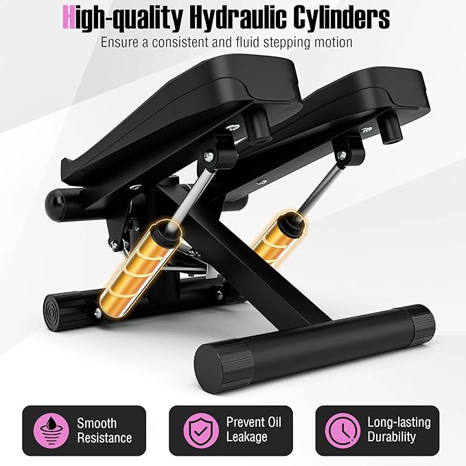 Goplus Steppers for Exercise at Home, Intensity Adjustable Hydraulic Mini Stepper w/Resistance Bands & LCD Monitor, Quiet & Portable Small Cardio Exercise Machine for Home Office or Under Desk