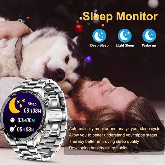 FILIEKEU Men Smart Watch for Android iOS, Bluetooth Calls Voice Chat with Heart Rate/Sleep Monitor Fitness Tracker, 1.3" Full Touch Screen IP67 Waterproof Stainless Steel Activity Tracker for Men