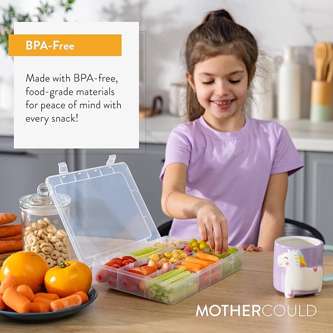 Large Kids Snack Box Containers Set of 2 -100 Labels, BPA-Free, Adjustable Compartments, Dishwasher Safe, Reusable Tray, Food Grade, Meal Prep Container, PARENT TESTED PARENT APPROVED AWARD (Clear)