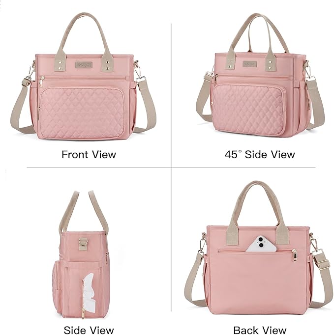 EASYA Large Women Lunch Bags for Work/Insulated Adult Lunch Box for Women/Durable Nylon Thermal Lunchbox for Womens/Leakproof Cooler Tote Bag with Storage Pocket (Shimmering blush pink Cotton Strap)