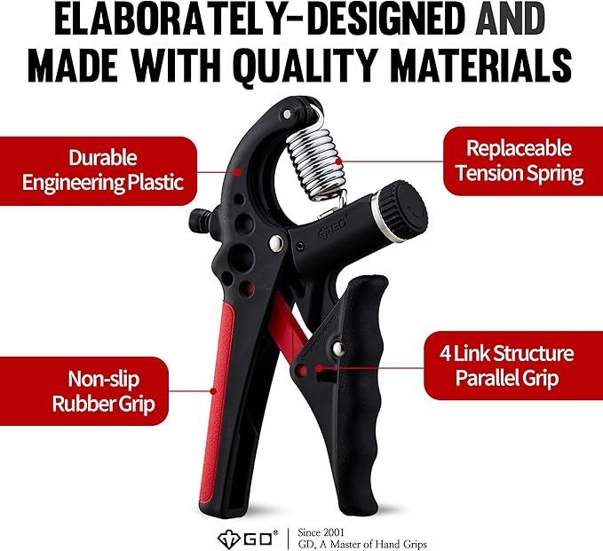 GD Grip2 Hand Grip Strengthener (Grip Strength Trainer) Adjustable Gripper (22~77lbs) Forearm and Wrist Exerciser Strengthener for grip Strength