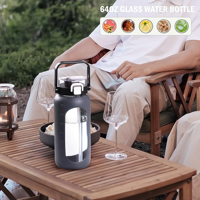 BLUEGO 64oz Glass Water Bottles with Straw Time Marker Half Gallon Large Motivational Water Bottle with Silicone Sleeve 2 Liter Large Glass Water Jug for Gym, Sports& Workout, Daily, Dark Grey