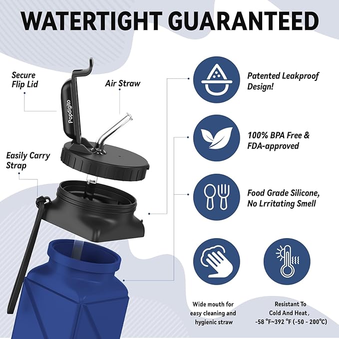 Collapsible Water Bottles 20.6oz Foldable Water Bottle BPA Free Reusable Lightweight LeakProof Travel Silicone Water Bottles for Travel Gym Hiking Camping (Upgrade Dark Blue)