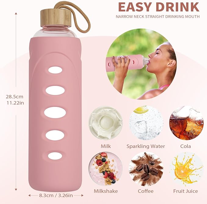 Sport 32oz Glass Water Bottle 1000ml /1 liter Borosilicate Glass Water Bottle Reusable Waterbottle Jugwith Silicone Sleeve and Unique Lid (Pink