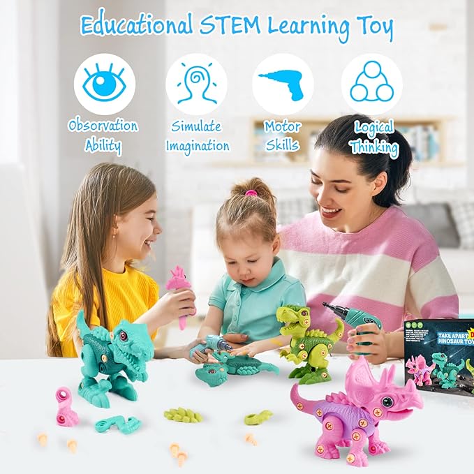 FREE TO FLY Dinosaur Toys for 3 4 5 6 7 8 Year Old: Take Apart Dinosaur Learning Toys for Kids 3-5 5-7, STEM Building Construction Set with Electric Drill, Birthday Girls Boys