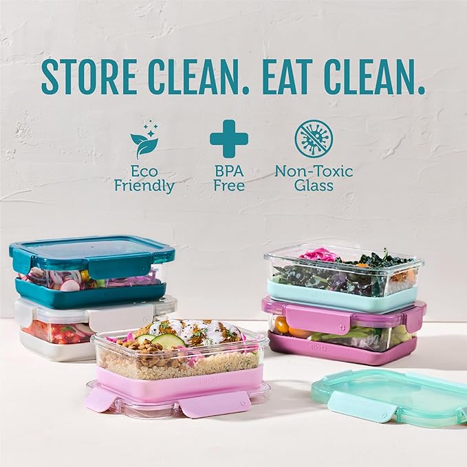 Ello Duraglass 3.4 Cup Meal Prep Sets 10Pc, 5 Pack Set- Glass Food Storage Container with Silicone Boot and Airtight BPA-Free Plastic Lids, Dishwasher, Microwave, and Freezer Safe, Garden Goals