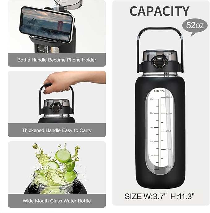 42oz/52oz/64oz Glass Water Bolttles with Straw Half Gallon Large Motivational Water Bottle with Time Marker Sports Water Bottles with Silicone Sleeve and Handle Lid Water Jug for Gym Workout