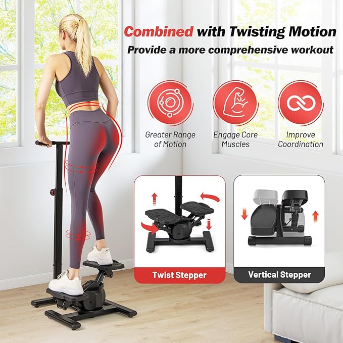 GYMAX Exercise Stepper with Handle Bar, 330 LBS Twist Stepper with LCD Monitor & Oversize Pedals, Portable Hydraulic Mini Stair Stepper for Home Aerobic Workout Fitness