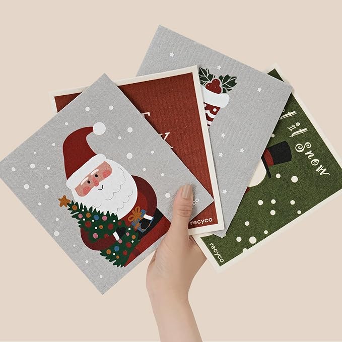 RECYCO 4 Pack Christmas Swedish Dishcloths for Kitchen | Classic Red Washable Dish Towels | Cellulose Reusable Cleaning Paper Towels | Absorbent Counter Dish Cloth Sponge Kitchen Wipes, 7" x 8"