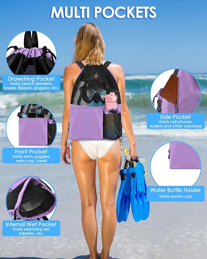 BROTOU Swim Bag Beach Backpack with Wet Pocket Mesh Drawstring Bags for Swimming, Gym