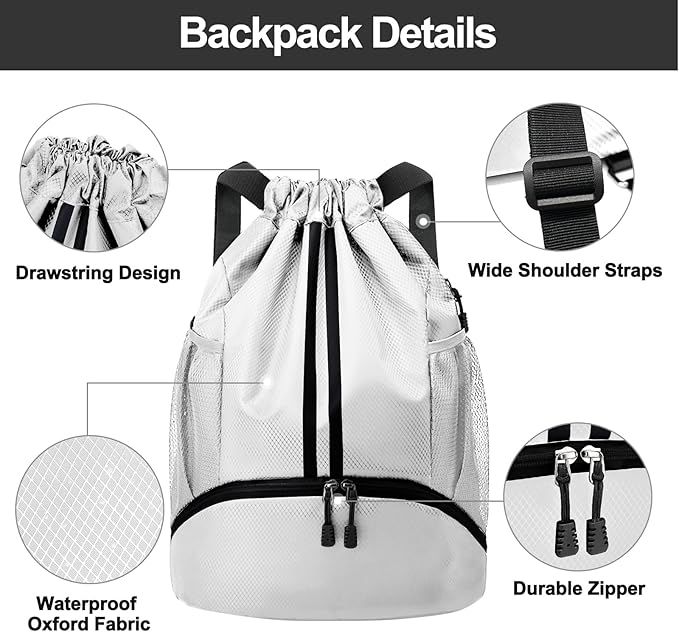 Hoedia Sports Drawstring Backpack - String Swim Gym Bag with Shoes Compartment and Wet Proof Pocket for Women and Men