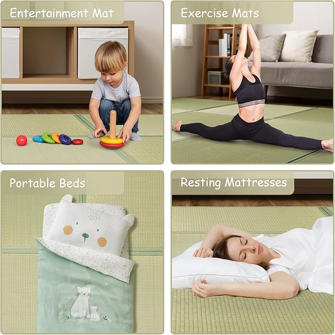 HAGiHARA Japanese Tatami Mat, Patchwork Tatami Floor Mats, 64" x 64" Foldable Square with Non-Slip Design for Bedroom, Crawling and Yoga, Made of Rush Grass, Igusa(with Edge/4 Picecs)